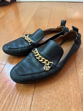 Tory Burch Black Leather Flat Loafer with Gold Trim